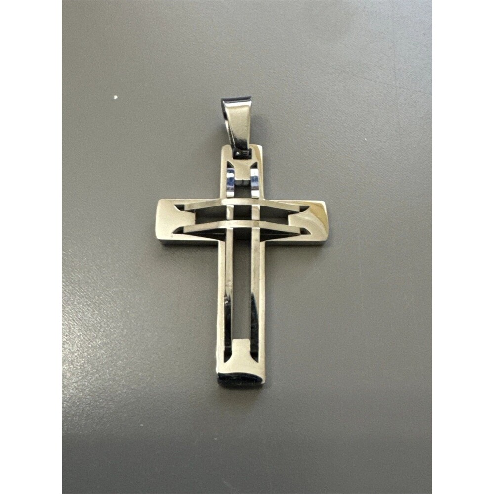 3D Cross Pendant Silver Tone Stainless Steel 24 Inch Box Chain Jesus Christ Gift